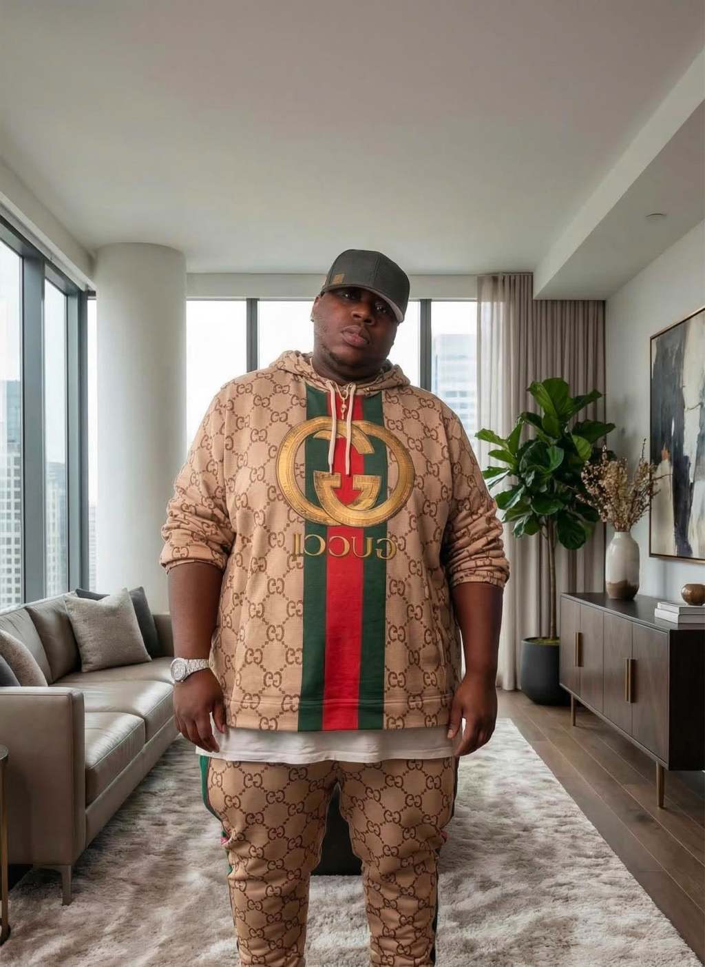 Bigboi Saint standing in a tan patterned outfit and dark baseball cap.
